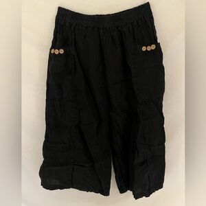 Women’s Black Linen Wide Leg Cropped Pants Size S Italy Lagenlook  Bohemian